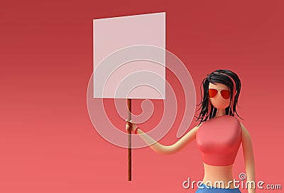 3D Render Woman Holding a White Panel Placard on a Red Background Stock Photo