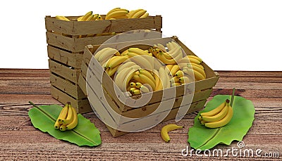 Wooden crates or boxes full of bananas place on wooden table. And banana leaf next to. Isolated on White. Stock Photo
