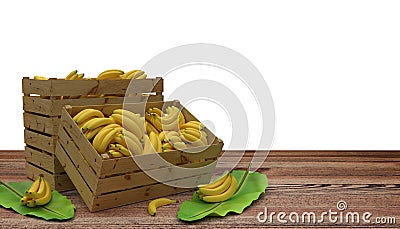 Wooden crates or boxes full of bananas place on wooden table. And banana leaf next to. Isolated on White. Stock Photo