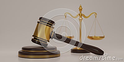 3D render wooden judge gavel with Gold brass balance scale on beige background. Judge hammer icon law gavel. Auction court Cartoon Illustration