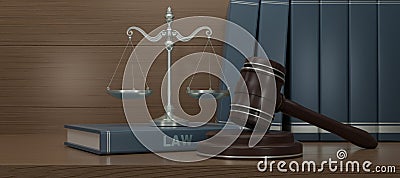 3D render wooden judge gavel and silver balance scale on wood table with books as background. Judge hammer icon law gavel. Stock Photo