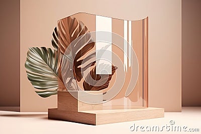 3D render wooden podium with glass wall, tropical leaves of plants. AI generated Stock Photo