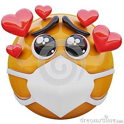 3D render of yellow emoji face fall in love with in medical mask protecting from coronavirus 2019-nCoV Stock Photo