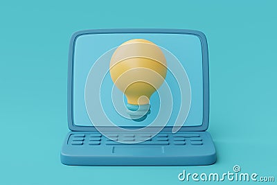 3d render yellow lightbulb floating with computer laptop. Stock Photo