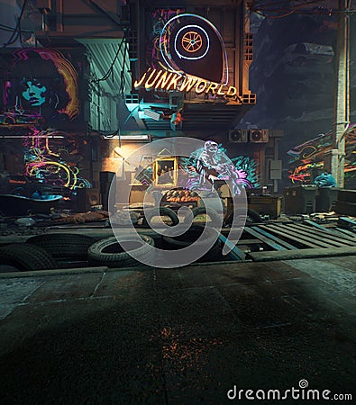 3d rendered background image of a cyberpunk junkyard Stock Photo