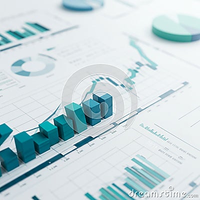 3D-rendered bar graphs rise from a complex set of printed charts and graphs. The Stock Photo