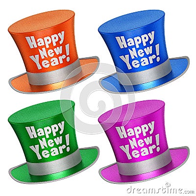 3D rendered collection of colorful Happy New Year top hats Stock Photo