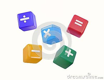 3d rendered colorful basic math calculation symbol in cube shape, plus and minus, multiplication and divide, equal. Math Vector Illustration