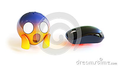 3D Rendered Computer Mice and Scared Emoji Conceptual Clickbait Image Stock Photo
