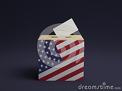 3D rendered concept illustration of voting box with US flag painted on front and voting ballot in envelope Cartoon Illustration