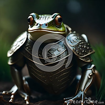 3d rendered cute ninja frog wearing golden armor in a fighting pose, set against a lush jungle backdrop Stock Photo