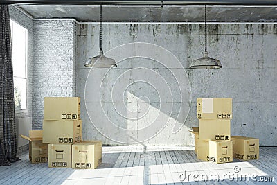 3D rendered empty apartment in industrial style with moving boxes Stock Photo