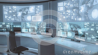 3D rendered empty, modern, futuristic command center interior Stock Photo