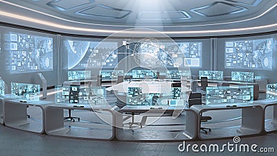 3D rendered empty, modern, futuristic command center interior Stock Photo