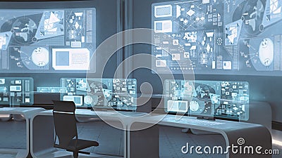 3D rendered empty, modern, futuristic command center interior Stock Photo