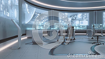 3D rendered empty, modern, futuristic command center interior Stock Photo