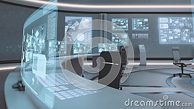 3D rendered empty, modern, futuristic command center interior Stock Photo