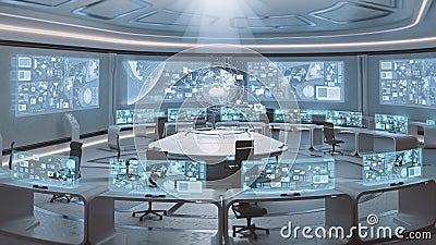 3D rendered empty, modern, futuristic command center interior Stock Photo