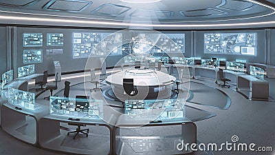 3D rendered empty, modern, futuristic command center interior Stock Photo