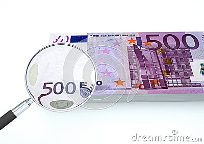 3D Rendered Euro money with magnifier investigate currency isolated on white background Stock Photo