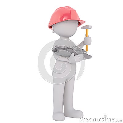 3D rendered figure holds hammer and mini trawler Stock Photo