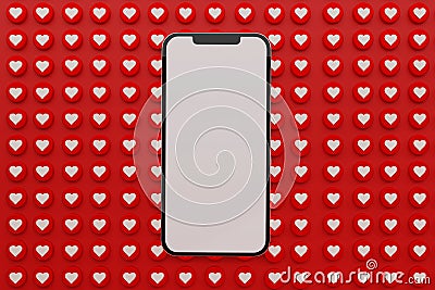 3D Rendered Heart Emojis Around Mobile with White Empty Screen Copy space. Modern love emojis Editorial Stock Photo