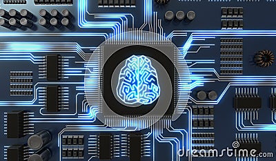 3D rendered illustration of artificial intelligence electronic circuit. Microchip with glowing brain Cartoon Illustration