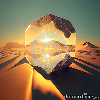 3d rendered illustration of a big crystal reflecting a sun and a desert Cartoon Illustration