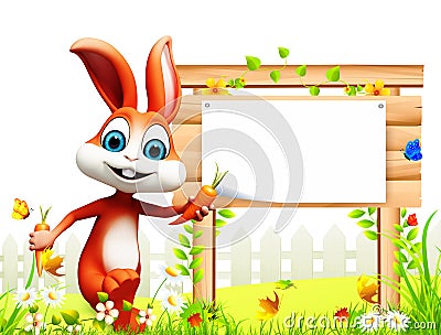 Brown bunny with carrot and sign in garden Cartoon Illustration