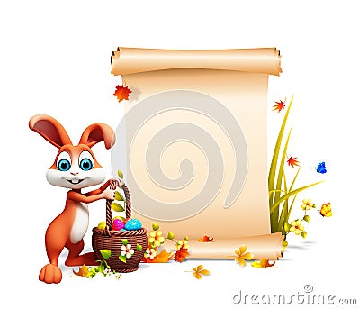 Brown Easter bunny with big sign and eggs basket Cartoon Illustration