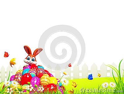 Brown easter bunny sitting on the pile of eggs Cartoon Illustration