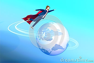 3D Rendered illustration of businessman in a superhero clothes, flying towards the globe or earth. Concept of opening new markets Cartoon Illustration