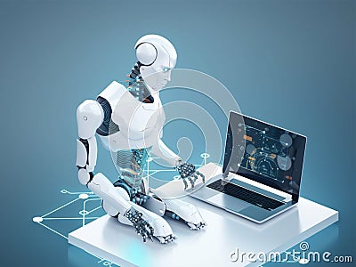 3d rendered illustration robot cyborg working on a laptop in lab, generative AI Cartoon Illustration
