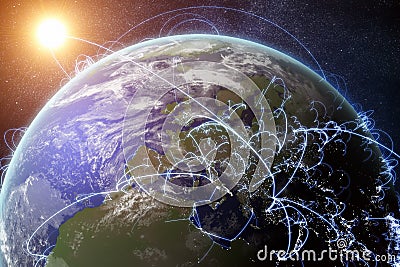 3D rendered illustration of Earth and connected cities. Global network and globalization concept Cartoon Illustration