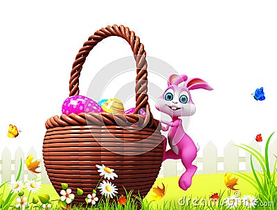 Easter bunny climbing to the big eggs basket Cartoon Illustration