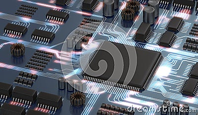 3D rendered illustration of electronical circuit with microchip or processor and glowing signals. Technology concept Cartoon Illustration