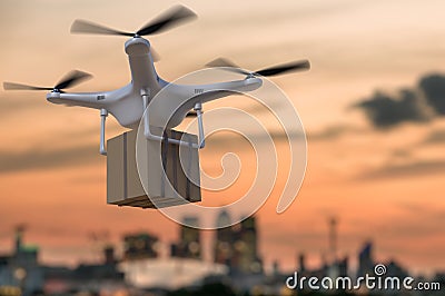 3D rendered illustration of flying drone delivering package at sunset Cartoon Illustration
