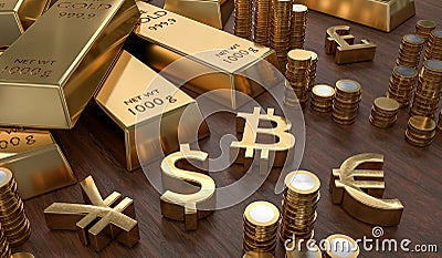 3D rendered illustration of gold bars and golden currency symbols. Stock exchange and banking concept Cartoon Illustration