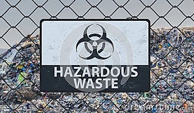 3D rendered illustration of hazardous waste sign on chain link fence. Landfill in background Cartoon Illustration