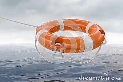 3D rendered illustration of orange life buoy. Sea in background Cartoon Illustration