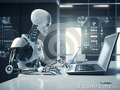 3d rendered illustration robot cyborg working on a laptop in server room, generative AI Cartoon Illustration