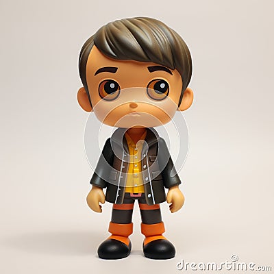 Gothic Pop Surrealism: 3d Design Of Boy With Brown Jacket And Yellow Shirt Cartoon Illustration