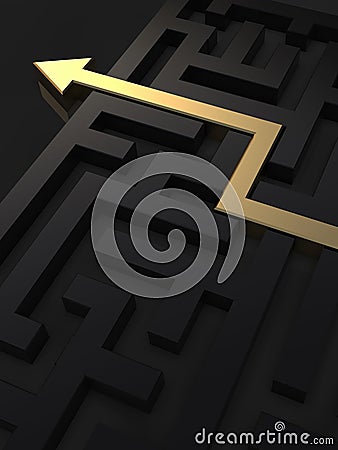 Golden path and arrow showing the way out of the maze Cartoon Illustration