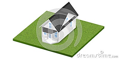 3D rendered illustration of a tiny home on a square grassy plot of land or yard. Isolated over white. Cartoon Illustration