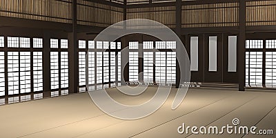 3d rendered illustration of a traditional karate dojo or school with training mat and rice paper windows. Cartoon Illustration
