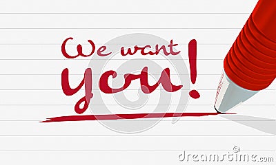 `We want you` written in red text and underlined, job advertisement, job search Cartoon Illustration