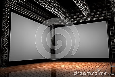 3D Rendered Illustration of a wood stage with trussing and two large blank screens Stock Photo