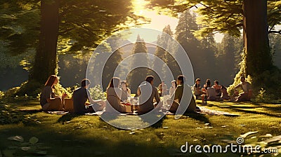 A joyful family picnic in a sun-dappled clearing, surrounded by tall trees Stock Photo