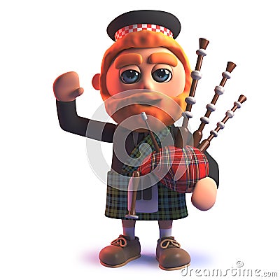 3d cartoon Scots wearing a kilt and playing the bagpipes while waving Stock Photo