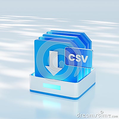 A 3D-rendered image of a CSV file icon featuring a downward arrow. Stock Photo